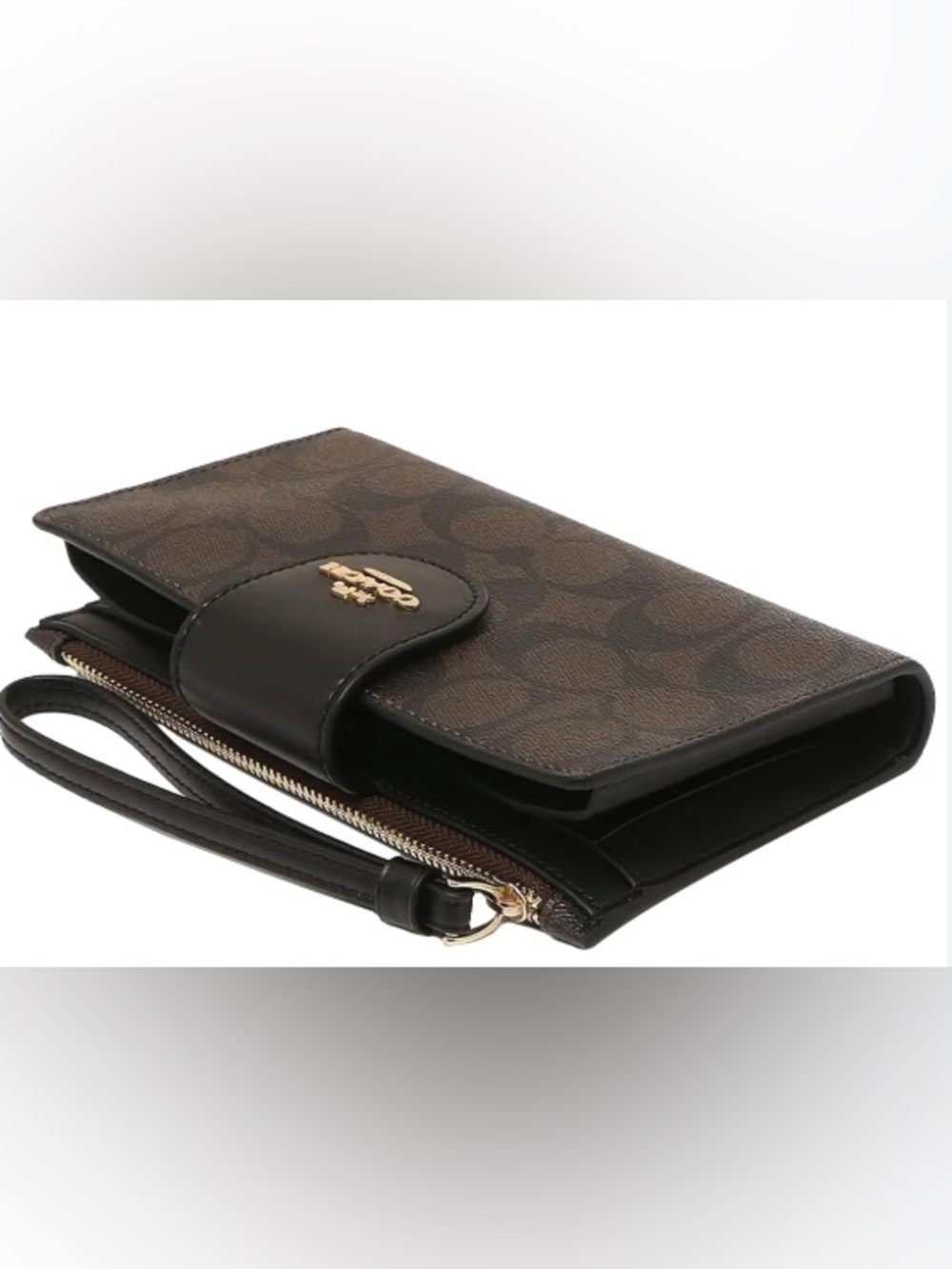 Coach Brown and Black Signature Wristlet Wallet with Gold Logo